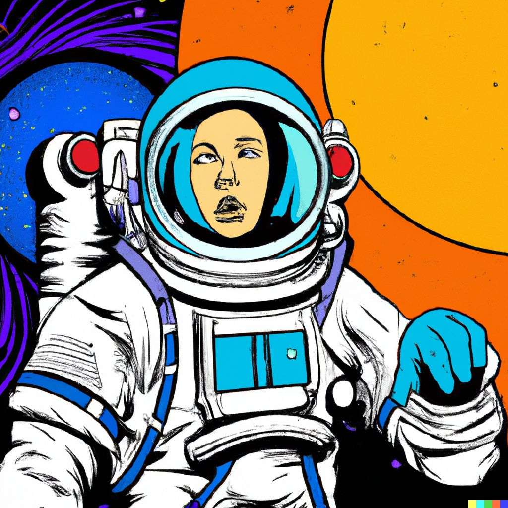 an astronaut, retro comic art, triadic color scheme